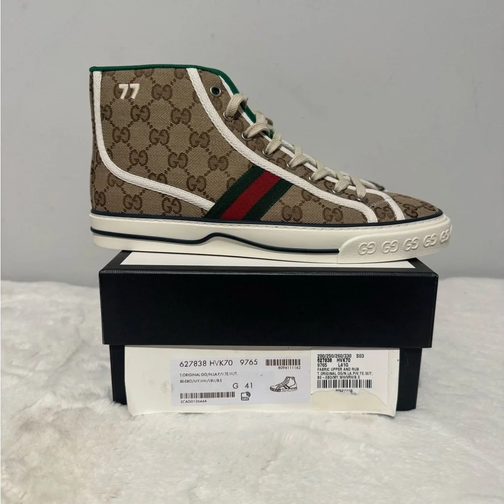 Gucci Beige GG Canvas High-Top Sneaker with Green & Red Web